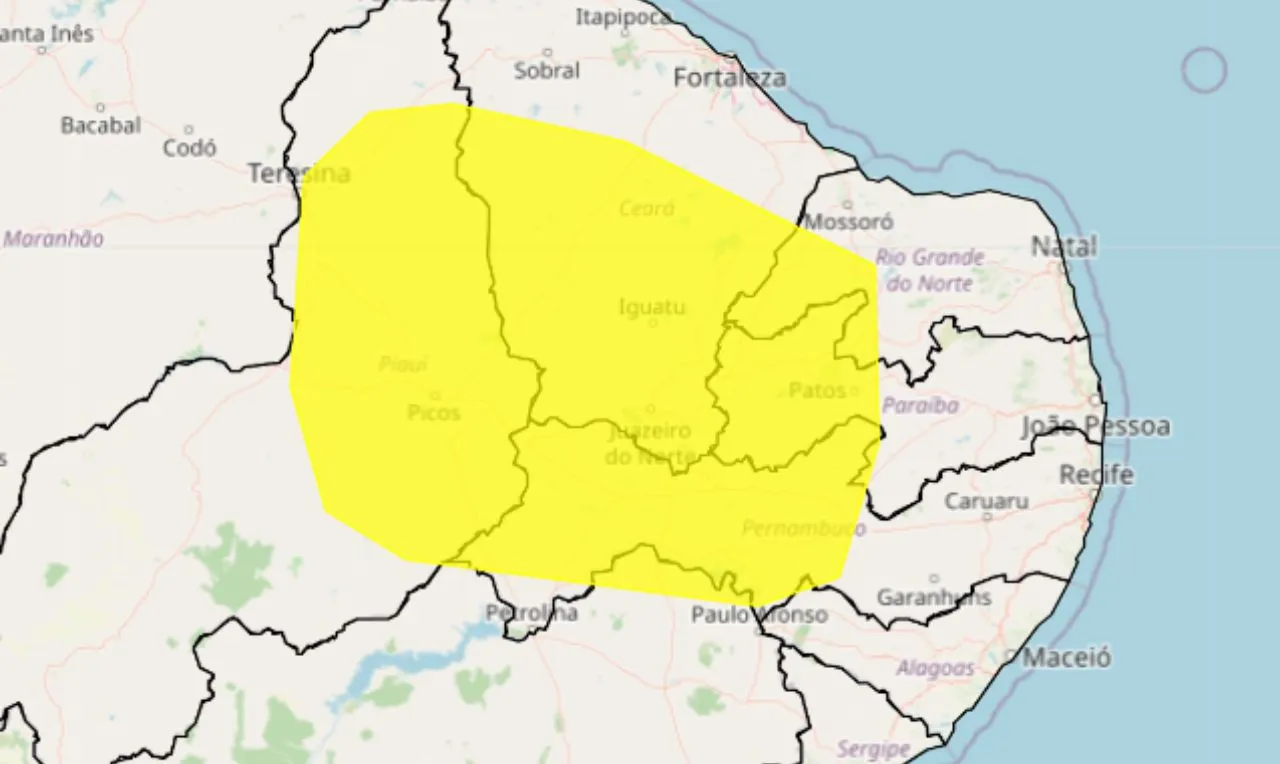 Trata-se de um alerta amarelo para baixa umidade na região nordeste do país